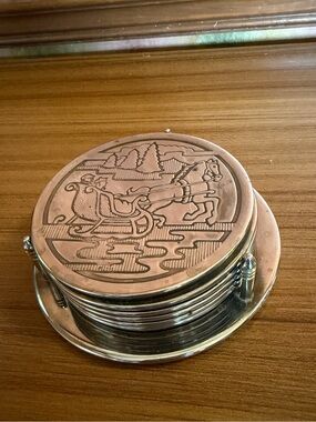 Vtg Christmas Silver Plated Coaster Set 6 Holder Sleigh Winter Holiday Vintage
